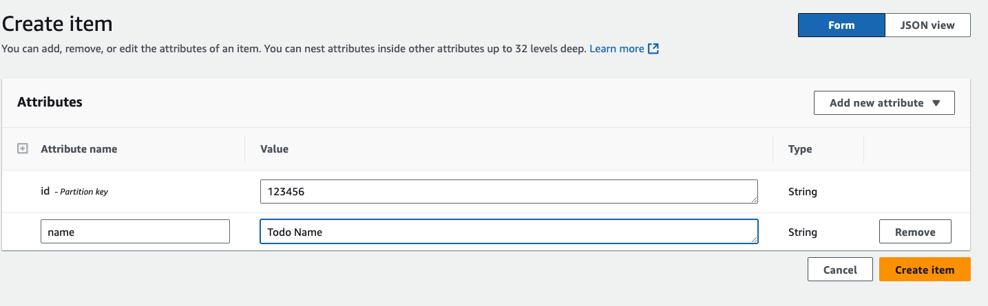 Example of creating a todo item in a DynamoDB console